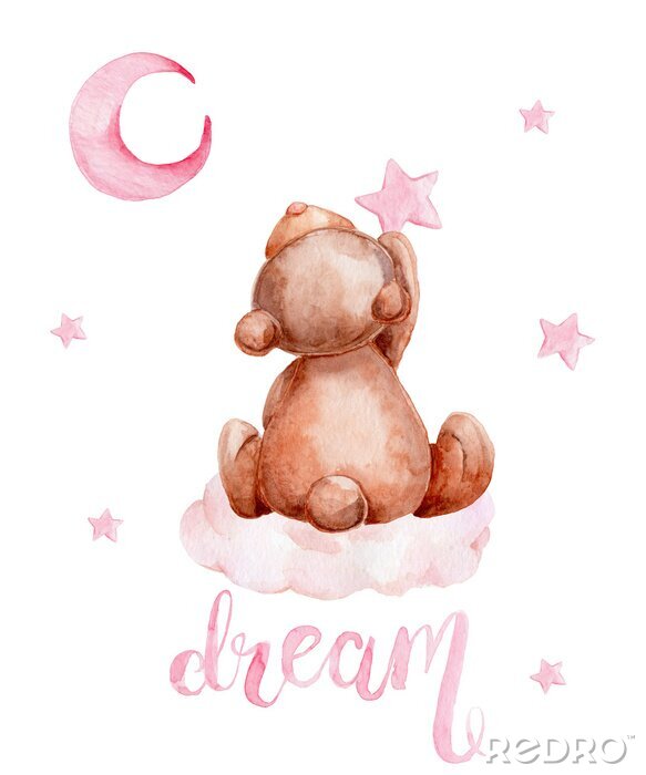 Fotobehang Little brown teddy bear sitting on a cloud and moon and stars; watercolor hand draw illustration; with white isolated background