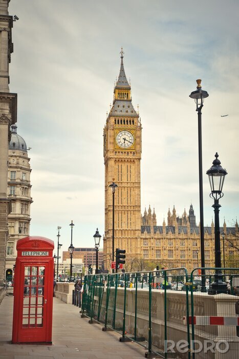 Fotobehang Londen en een telefooncel met de Big Ben