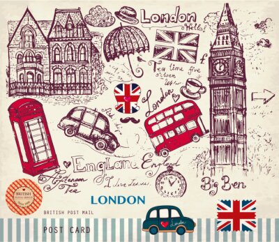 Fotobehang Londense symbolen op een ansichtkaart
