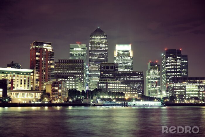 Fotobehang London Canary Wharf bij nacht