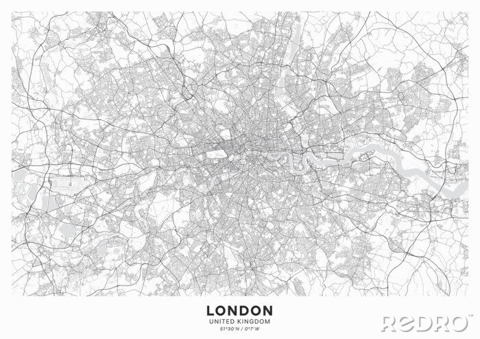 Fotobehang London city map poster. Detailed map of London (United Kingdom). Transport system of the city. Includes properly grouped map features (water objects, railroads, roads etc).