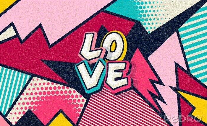 Fotobehang Love! Pop art funny comic word. Fashionable poster and banner. Social Media Connecting Blog Communication Content. Trendy and fashion color retro vintage illustration background. Vector easy editable 