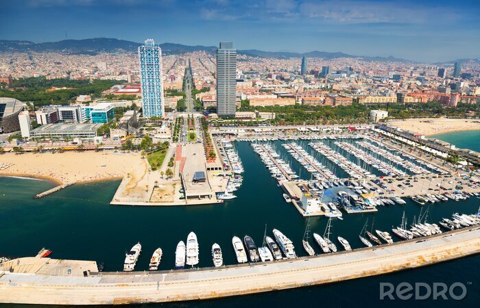 Fotobehang luchtfoto van Port Olimpic uit helikopter. Barcelona