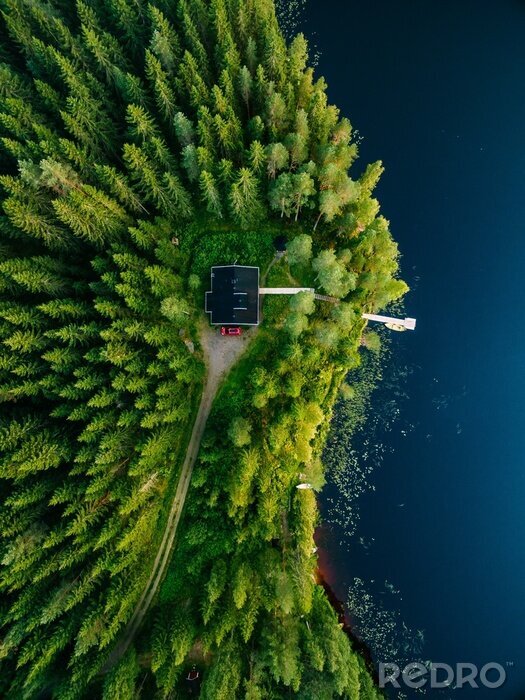 Fotobehang Luchtmening van houten plattelandshuisje in groen bos door het blauwe meer in de landelijke zomer Finland