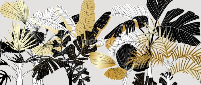 Fotobehang Luxury gold and black tropical plant background vector. Floral pattern with golden tropical palm, coconut tree, split-leaf Philodendron plant ,Jungle plants line art on white background.