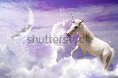 Fotobehang Magic unicorn in fantastic sky with fluffy clouds and crescent 