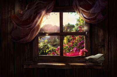 Fotobehang Magic venster met een fairy tuin van rozen