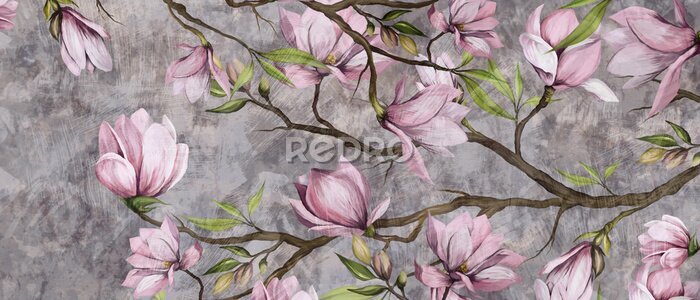 Fotobehang magnolia branch on a textured background, pastel colors and black accents, photo wallpaper in a room or home interior