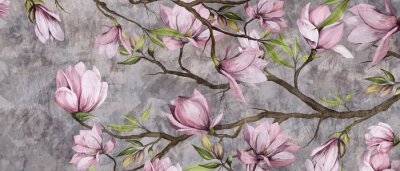 Fotobehang magnolia branch on a textured background, pastel colors and black accents, photo wallpaper in a room or home interior