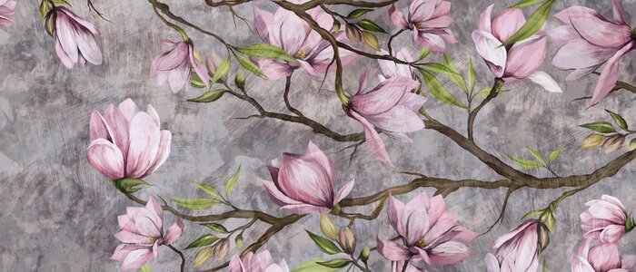 Fotobehang magnolia branch on a textured background, pastel colors and black accents, photo wallpaper in a room or home interior
