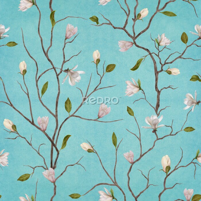 Fotobehang Magnolia op een turquoise textuur