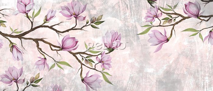 Fotobehang Magnoliaboomtakken op textuur