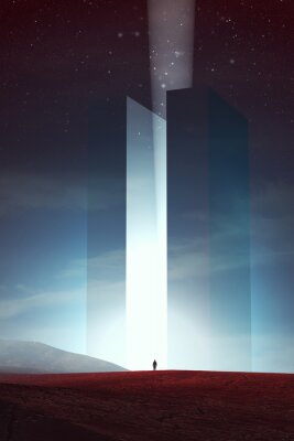 man in front of magical tower at night, surreal 3d illustration