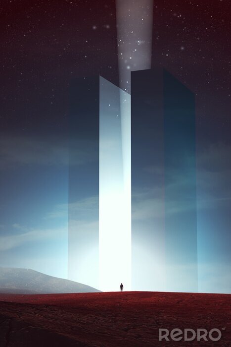 Fotobehang man in front of magical tower at night, surreal 3d illustration