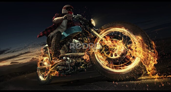 Fotobehang Man rijdt op zijn motorfiets op de weg. Vlam en brand