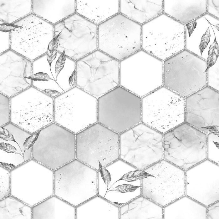 Fotobehang Marble hexagon seamless texture with silver leaves. Abstract background