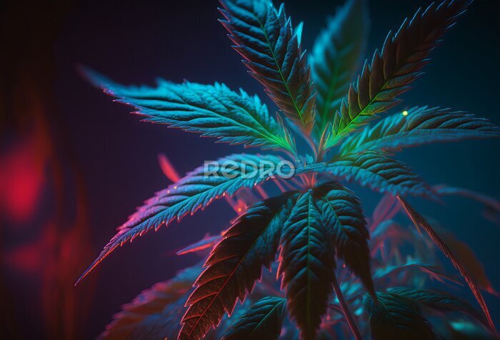 Fotobehang Marihuanablad in rood licht