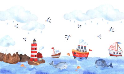 Fotobehang Marine composition of watercolor elements with a lighthouse, seagulls, sea, whale, ships, seagulls, stars, clouds and waves. Great for decorating holidays, postcards, textiles, children’s stickers and