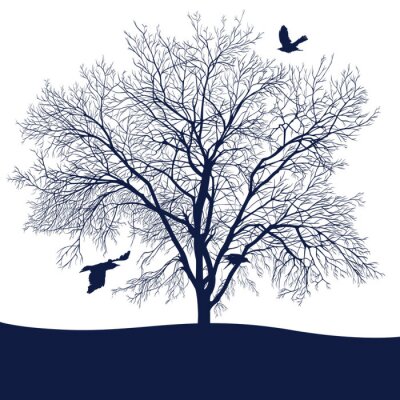 Fotobehang Marineblauwe boom en vogels