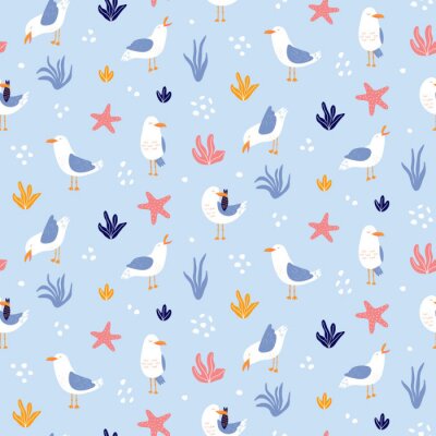 Meeuwen en planten op een blauwe achtergrond