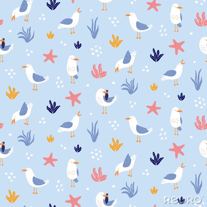 Fotobehang Meeuwen en planten op een blauwe achtergrond