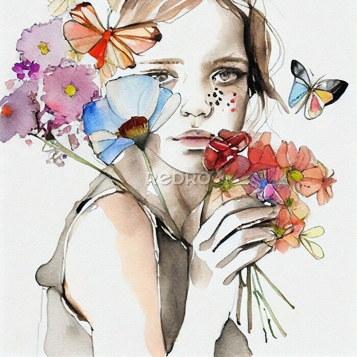 Fotobehang Meisje met een boeket wilde bloemen