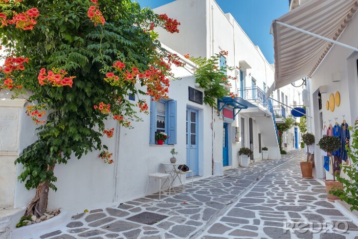 Fotobehang Mening van een typische smalle straat in oude stad van Parikia, Paros-eiland, Cycladen, Griekenland