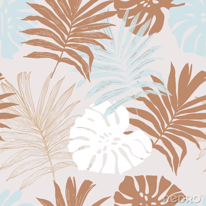 Fotobehang Minimal tropical art seamless pattern. Monstera and palm leaves silhouettes, line art background