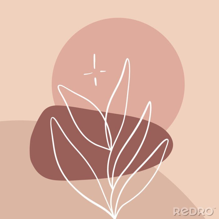 Fotobehang Minimalist abstraction with leaf and geometric shapes. Contemporary scandinavian style. Flat design collage terracotta color composition. Good for posters, postcards, social media banners