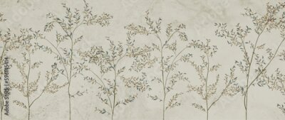 Fotobehang Minimalistische kunstachtergrond met handgetekende bomen in bos of tuin. Botanische banner in Scandinavische stijl voor behangontwerp, print, textiel, interieurontwerp, posters en verpakkingen.