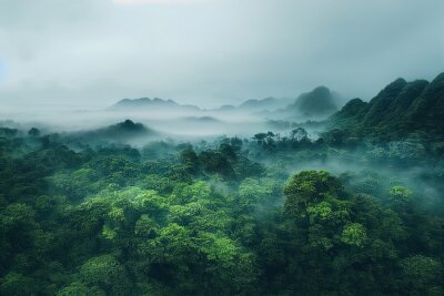 Fotobehang Mist boven de kronen van tropische bomen