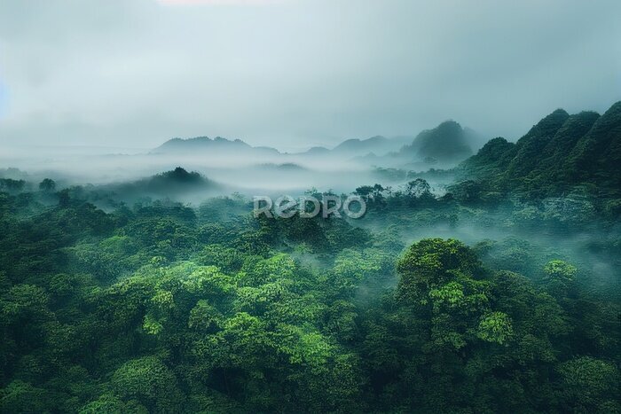 Fotobehang Mist boven de kronen van tropische bomen
