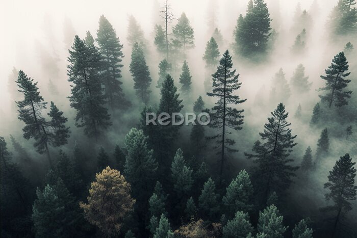Fotobehang Mistig bos van bovenaf gezien