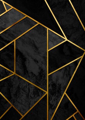 Modern en stijlvol abstract design poster met gouden lijnen en zwart geometrisch patroon.