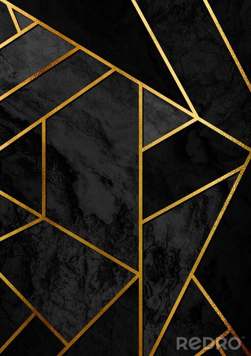 Fotobehang Modern en stijlvol abstract design poster met gouden lijnen en zwart geometrisch patroon.