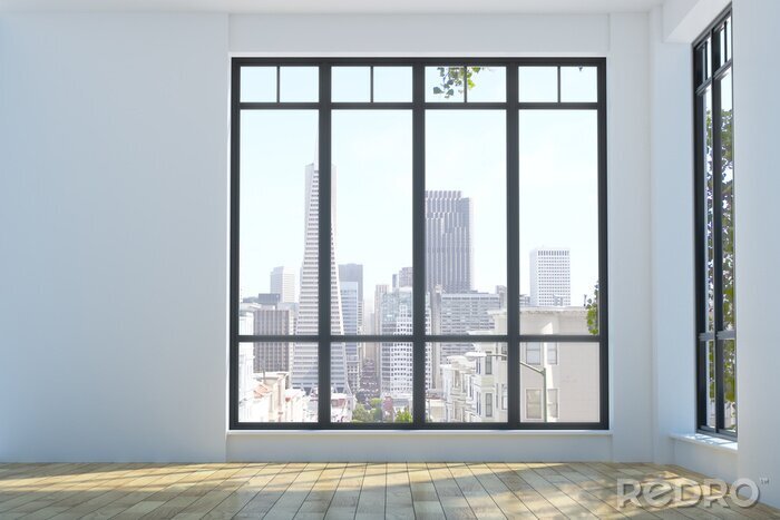 Fotobehang Modern ongemeubileerd interieur met uitzicht op de stad