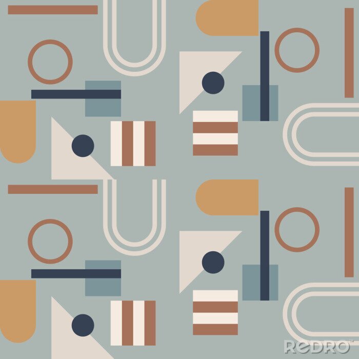 Fotobehang Modern vector abstract  geometric background with circles, rectangles and squares  in retro scandinavian style. Pastel colored simple shapes graphic seamless pattern. Abstract mosaic artwork.