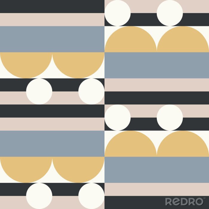 Fotobehang Modern vector abstract seamless geometric pattern with semicircles and circles in retro scandinavian style. Pastel colored simple shapes mosaic background. Bauhaus design inspired background.