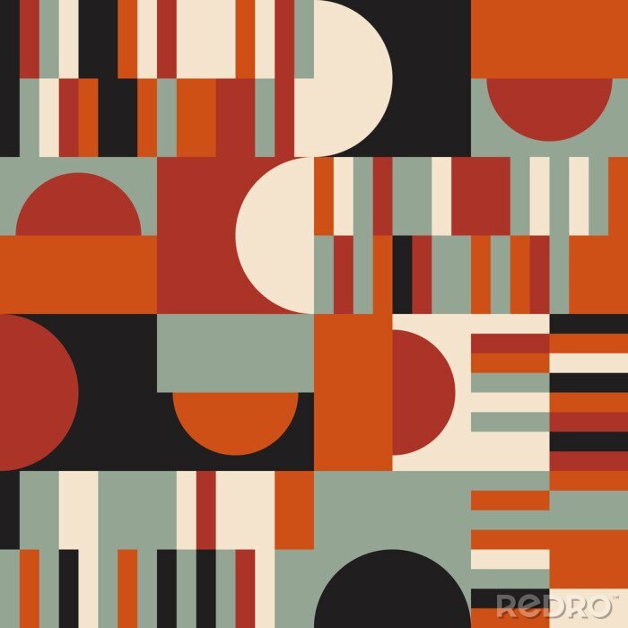 Fotobehang Modern vector abstract seamless geometric pattern with semicircles and circles in retro scandinavian style. Pastel colored simple shapes mosaic background. Bauhaus design inspired background.