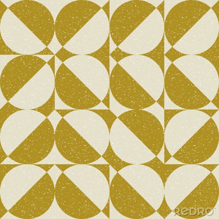 Fotobehang Modern vector abstract seamless geometric pattern with semicircles and circles in retro scandinavian style. Pastel colored simple shapes with separate worn out texture.