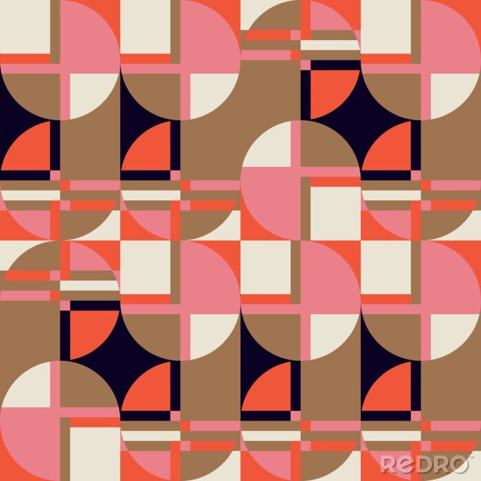 Fotobehang Modern vector abstract seamless geometric pattern with semicircles, rectangles, squares and circles in retro scandinavian style. Pastel colored simple shapes graphic background.