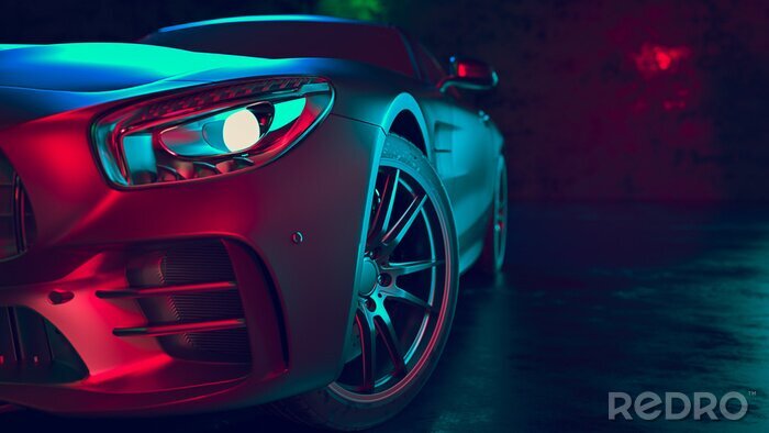 Fotobehang Moderne auto's zijn in de studio kamer. 3d illustratie en 3d render.