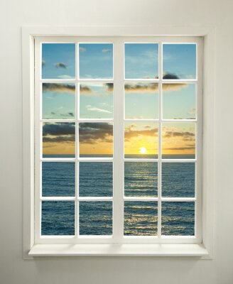 Fotobehang Moderne venster woonwijken met zonsondergang over zee en wolken