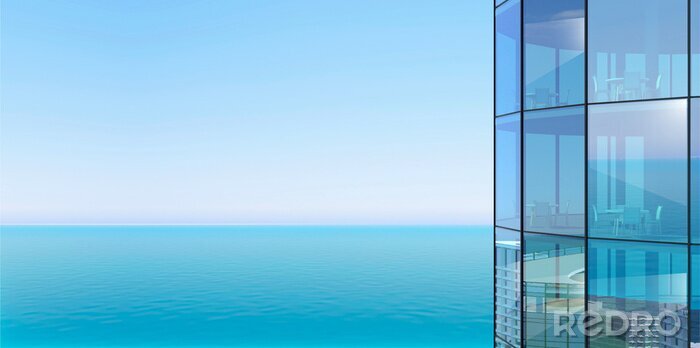 Fotobehang Moderne wolkenkrabber boven de oceaan