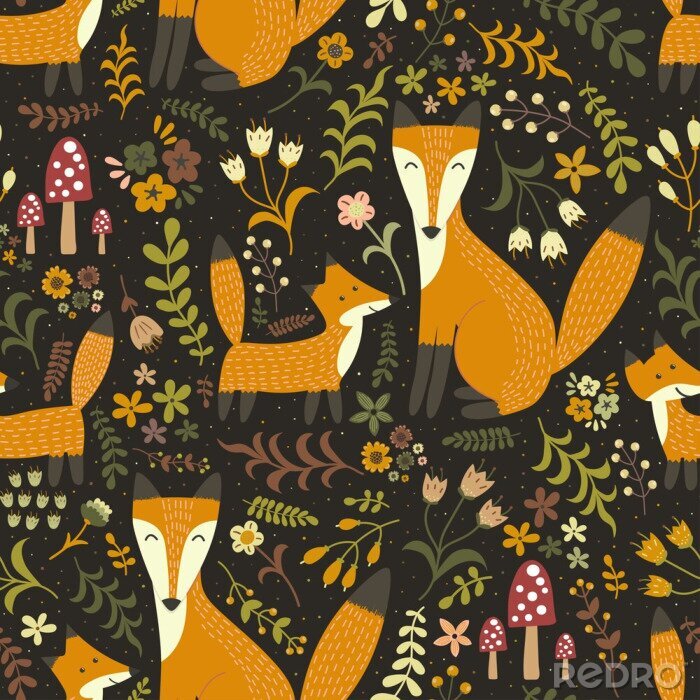 Fotobehang Moeder en baby vos tussen de natuur