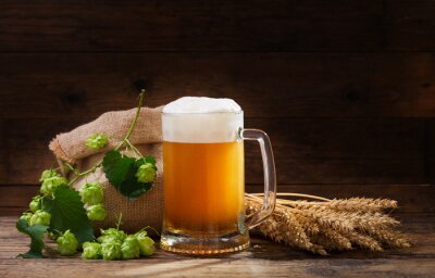 Mok bier met groene hop en tarwe oren