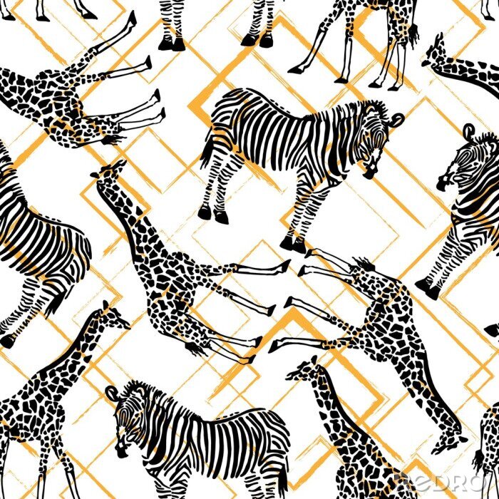 Fotobehang Monochrome zebra's en giraffen op een gekleurde achtergrond