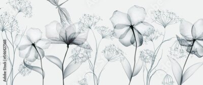 Fotobehang Monochroom bloemen- en libellenpatroon