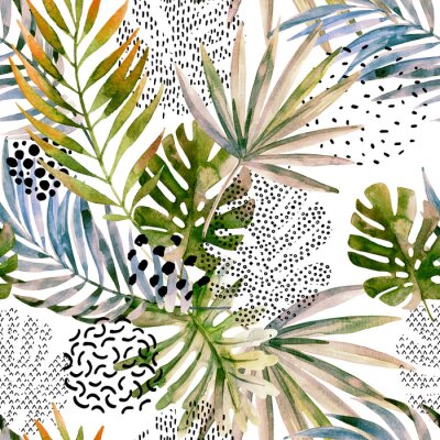 Behang Monstera en palmbomen met abstracte toevoegingen