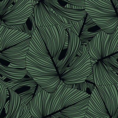 Behang Monstera leaves seamless pattern on black background. Tropical pattern, botanical leaf backdrop.